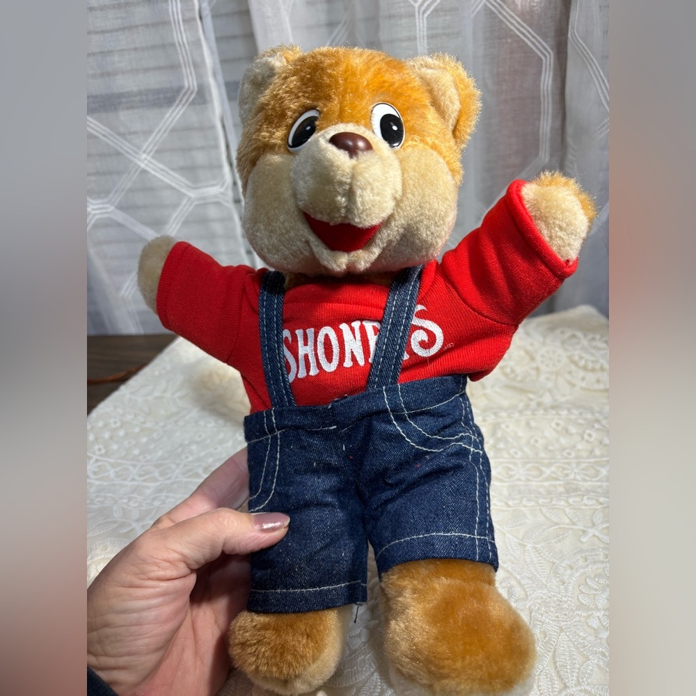 Vintage 1986 Shoney’s Plush Bear in Red Shirt and Denim Overalls 12” L like new